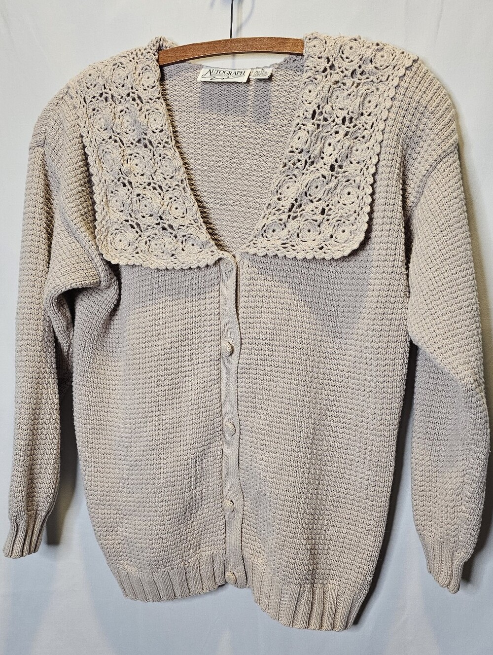 Beige Crochet-Collar Knit Cardigan Sweater
